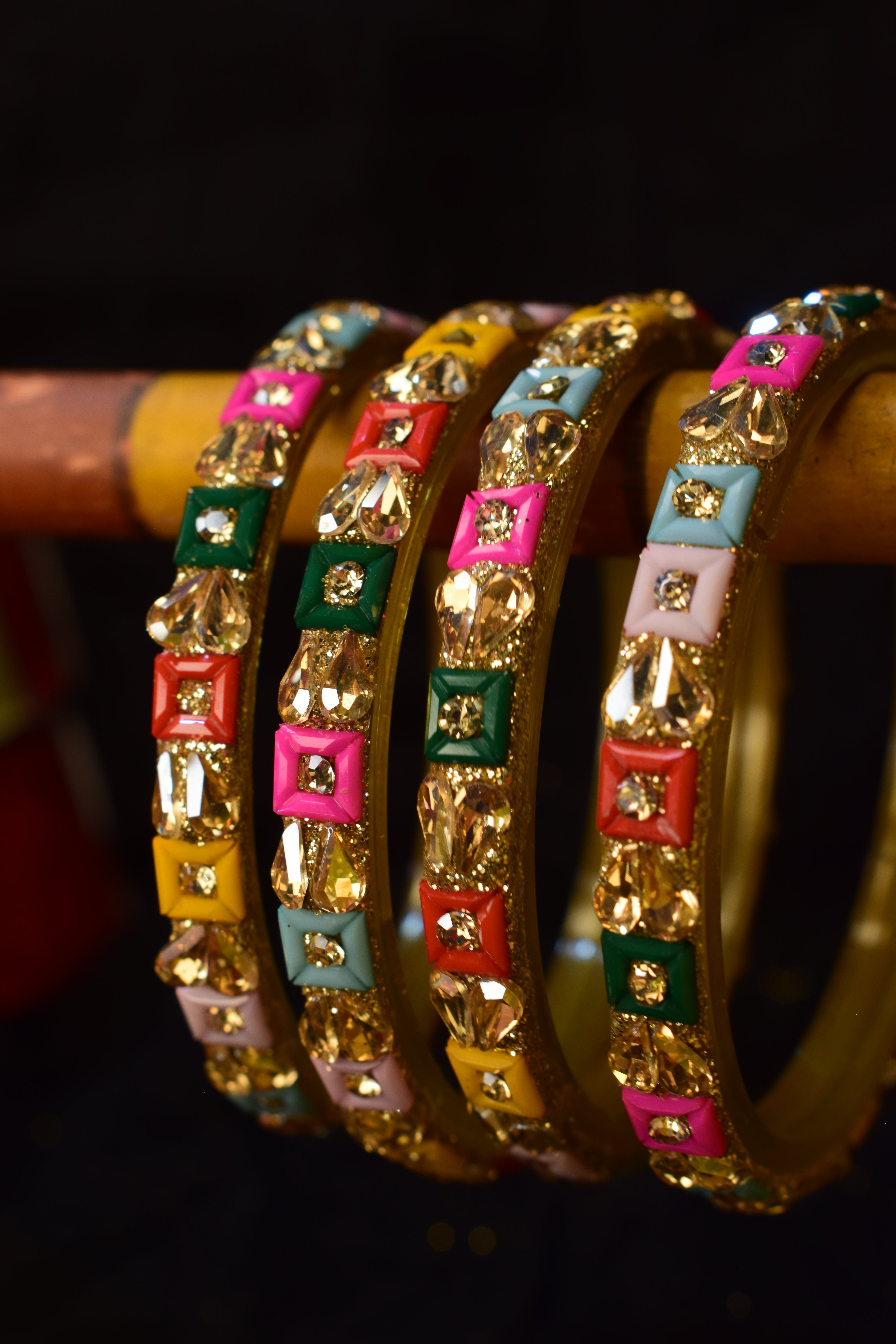 Luxurious Gold Mix colour -Toned Statement Bangles with Amber Crystals