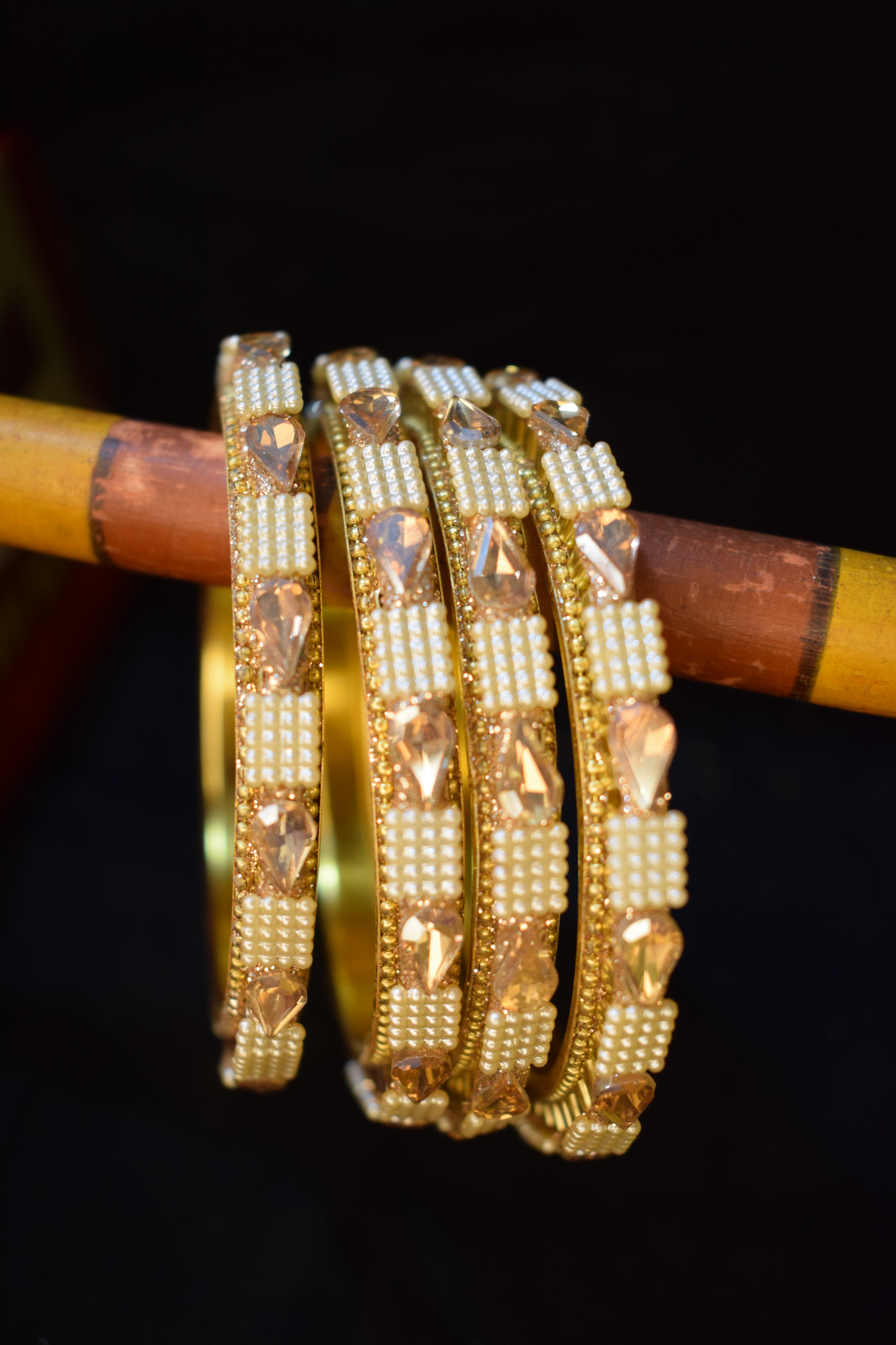 Golden Pearl and Crystal Bridal Bangle Set