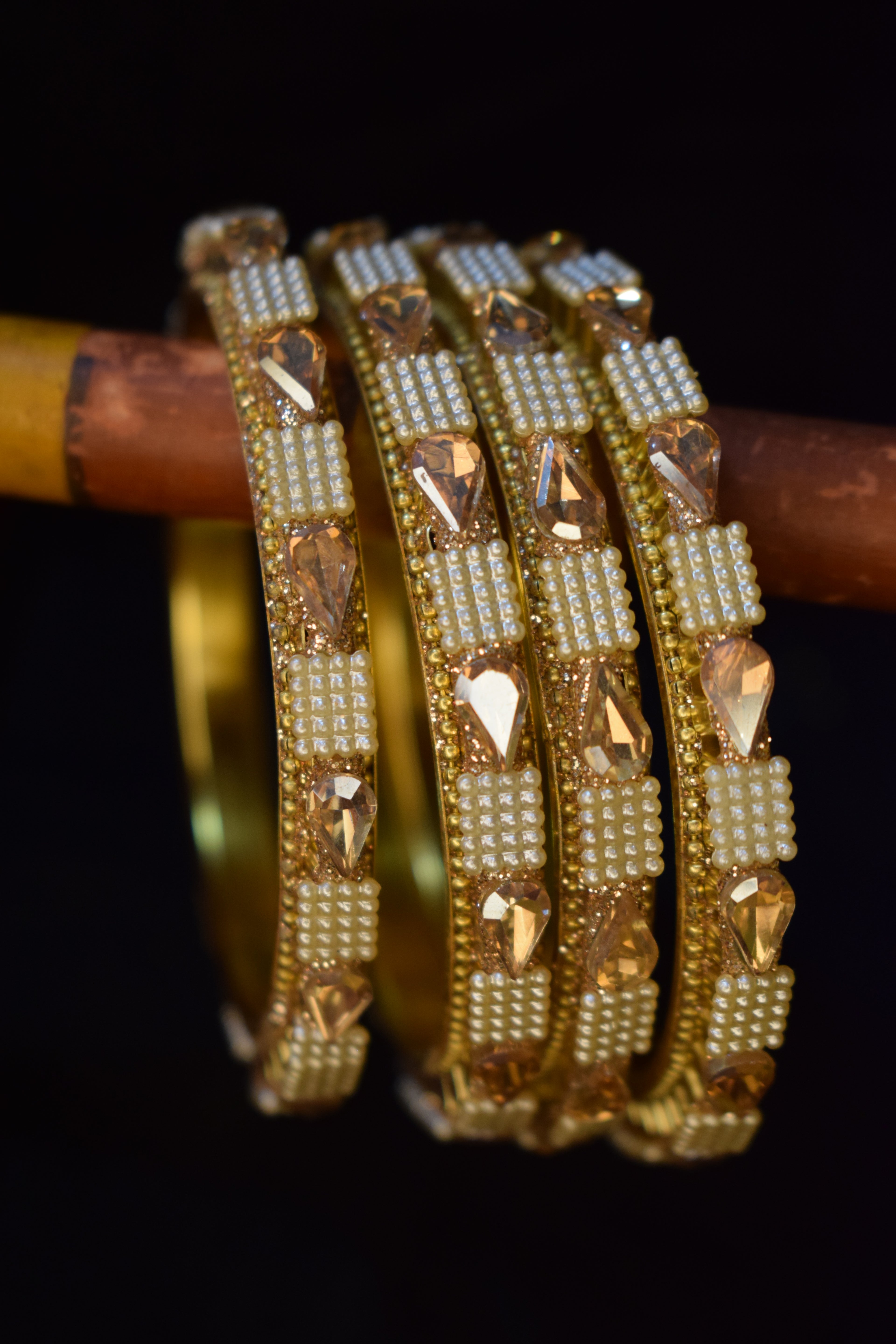 Golden Pearl and Crystal Bridal Bangle Set