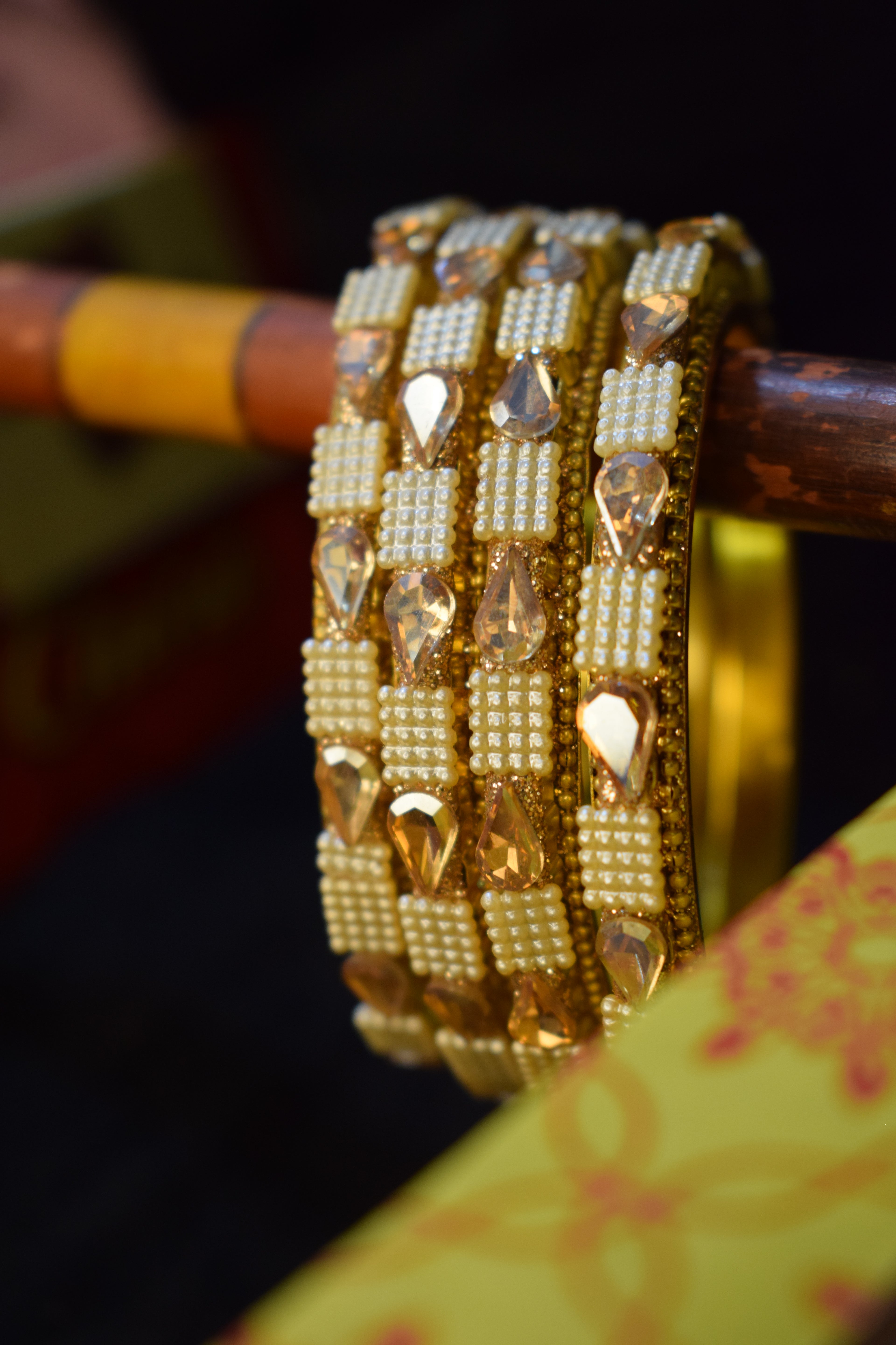Golden Pearl and Crystal Bridal Bangle Set
