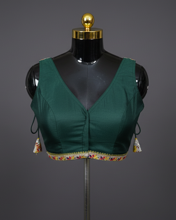Deep Green Sleeveless V-Neck Blouse with Embroidered Border & Tassels