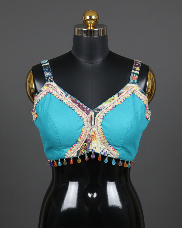Bohemian Aqua Blouse with Colorful Patchwork and Bead Tassels