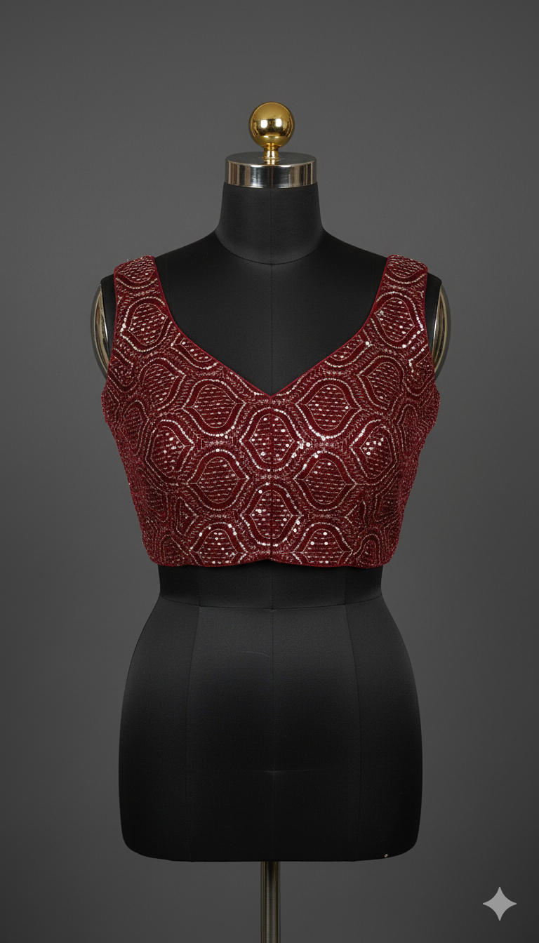 Shimmering Maroon Sleeveless Blouse with Geometric Sequin Work
