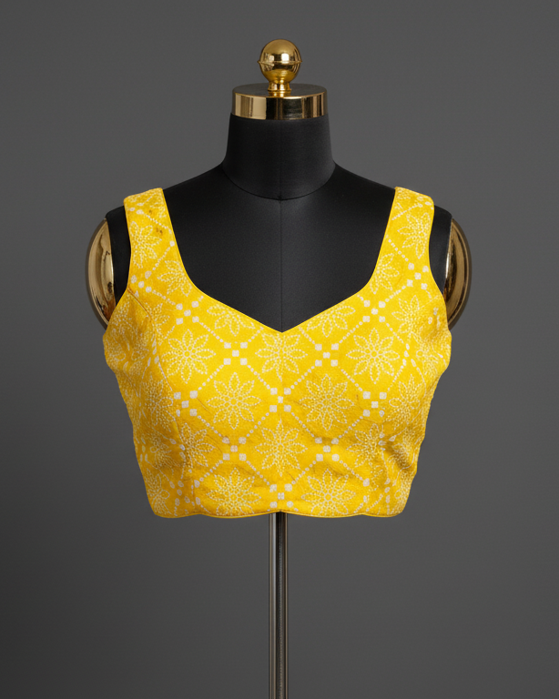 Sunshine Yellow Embroidered Sleeveless V-Neck Blouse/Choli