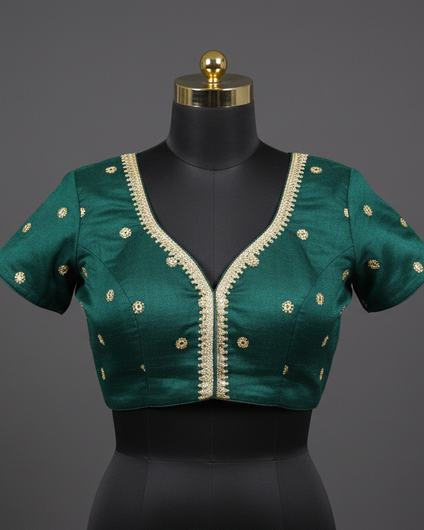 Emerald Green V-Neck Blouse with Gold Sequin Trim