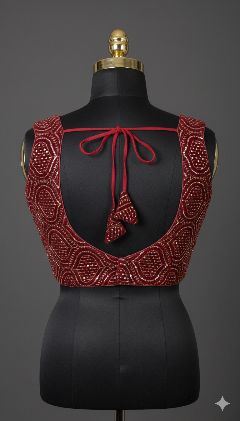 Shimmering Maroon Sleeveless Blouse with Geometric Sequin Work