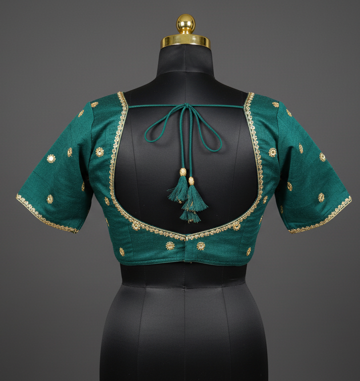 Emerald Green V-Neck Blouse with Gold Sequin Trim
