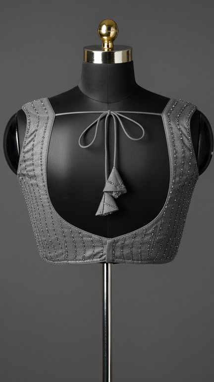 Chic Charcoal Grey Blouse with Wavy Silver Beadwork