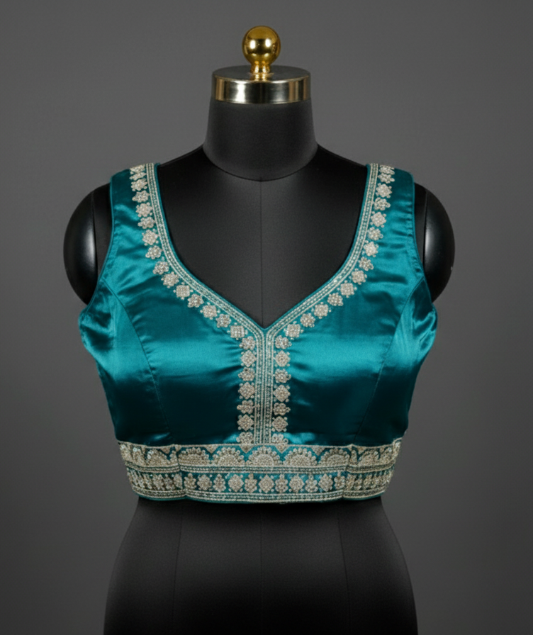 Handcrafted Teal Silk Blouse with Silver Embroidery & Tassel Detail