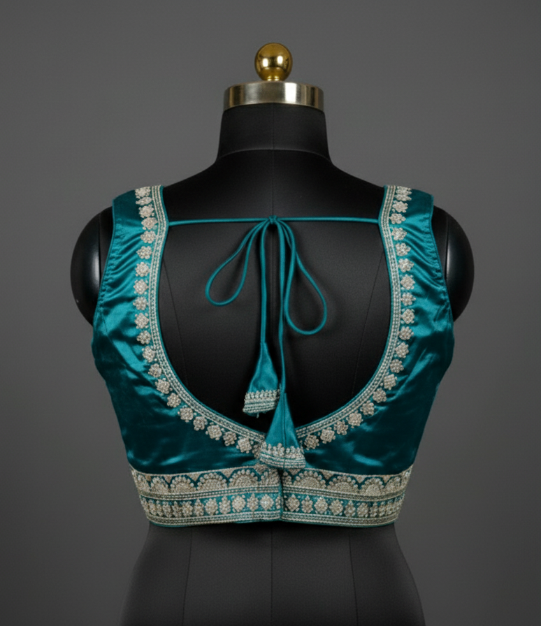 Handcrafted Teal Silk Blouse with Silver Embroidery & Tassel Detail