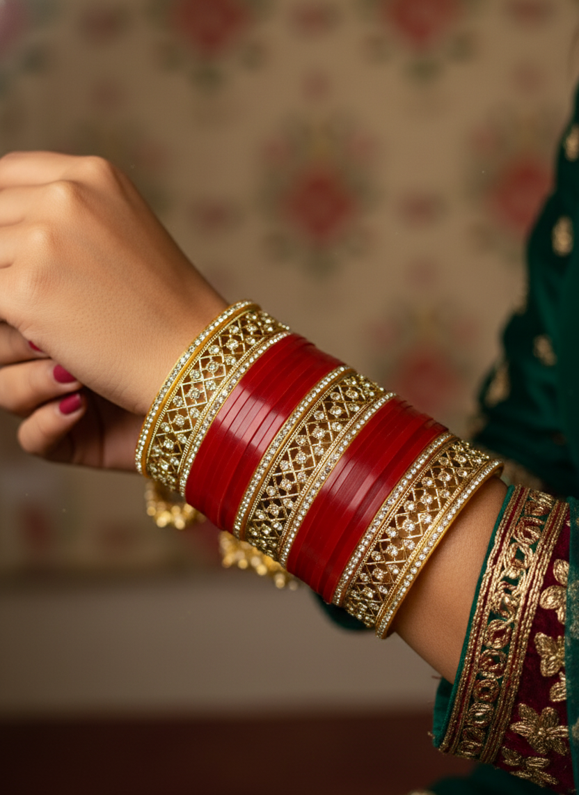 Luxurious red and Gold-Toned Statement Bangles with Amber Crystals