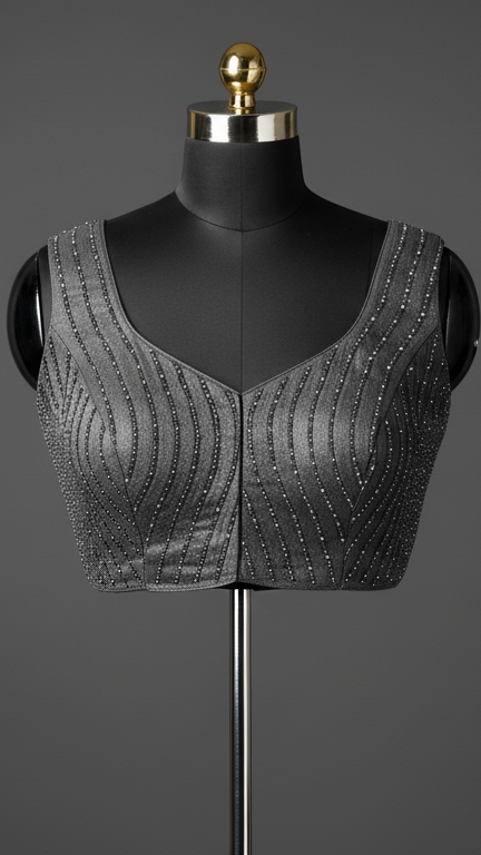 Chic Charcoal Grey Blouse with Wavy Silver Beadwork