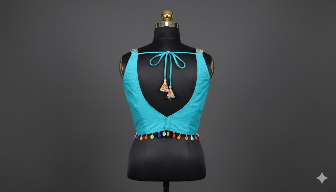 Bohemian Aqua Blouse with Colorful Patchwork and Bead Tassels
