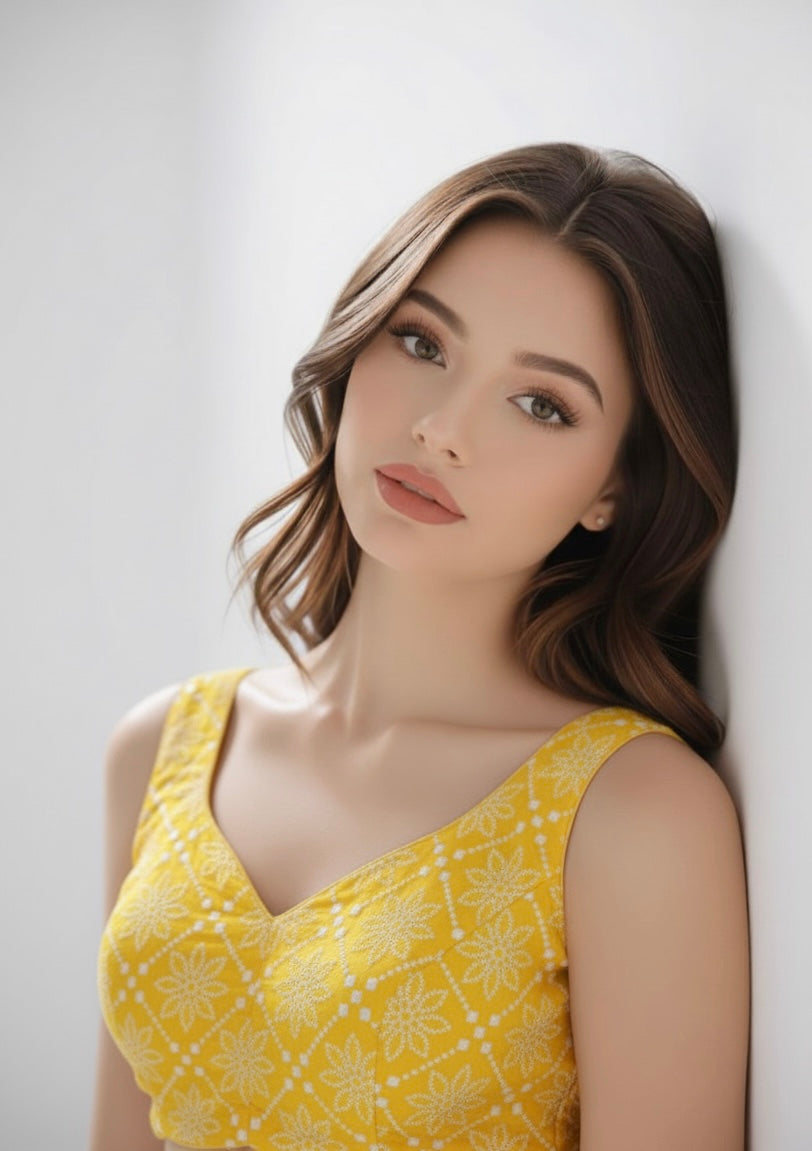 Sunshine Yellow Embroidered Sleeveless V-Neck Blouse/Choli