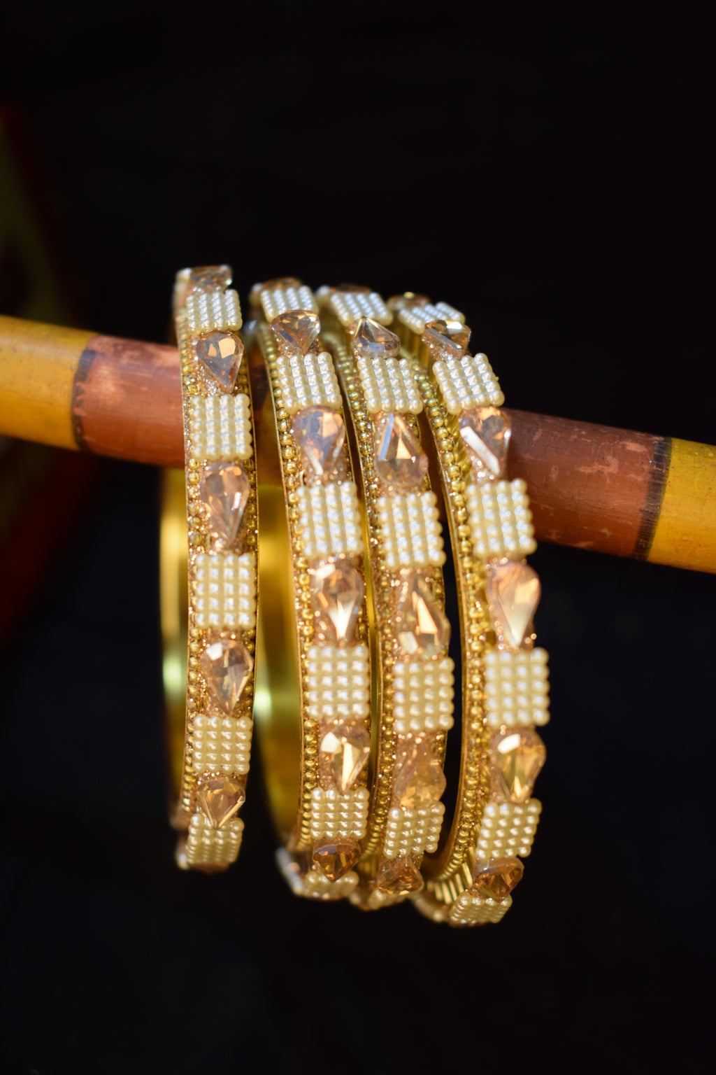 Golden Pearl and Crystal Bridal Bangle Set